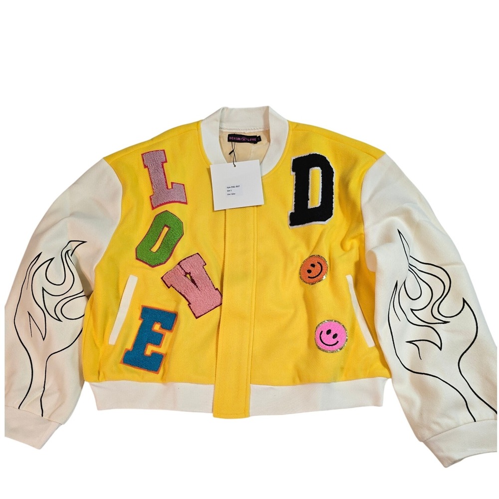 DENIM LOVE Kids Yellow White Flame Patch Letter Varsity Bomber Jacket Size S‎